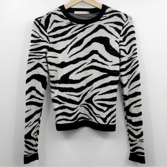 Alice + Olivia Crystal Embellished Zebra Print Wool Crew Neck Sweater XS - Picture 2 of 6